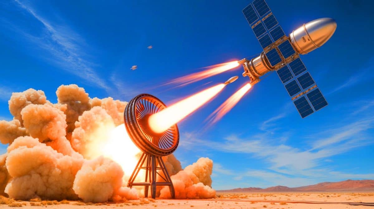 “Alert Level Red!”: China on Edge as US Cannon Launches Hundreds of Spinning Pancake Satellites in Daring $5 Billion Orbit Mission Illustration of SpinLaunch’s centrifugal cannon launching microsatellites into low-Earth orbit, generated by artificial intelligence.
