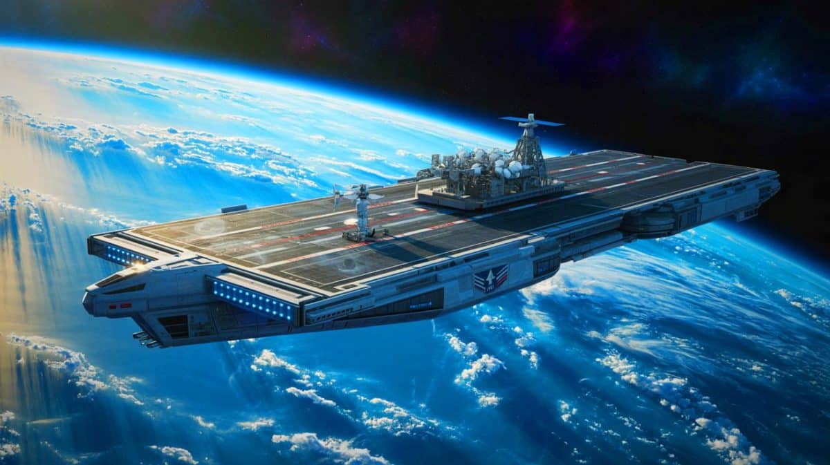 “China in Sheer Terror”: Space Force to Launch First-Ever Space Aircraft Carrier, Poised to Control Earth’s Orbit from 200 Miles Up Illustration of the U.S. Space Force's orbital aircraft carrier concept, highlighting its strategic role in space technology, created by artificial intelligence.