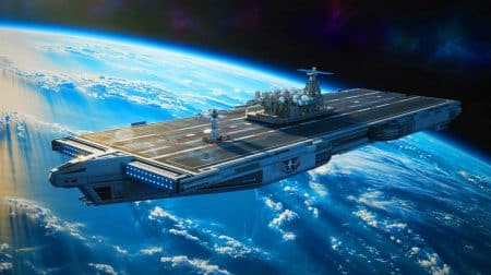 Illustration of the U.S. Space Force's orbital aircraft carrier concept, highlighting its strategic role in space technology, created by artificial intelligence.