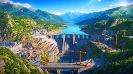 Illustration of the Motuo Dam project in Tibet, highlighting its scale and engineering challenges.
