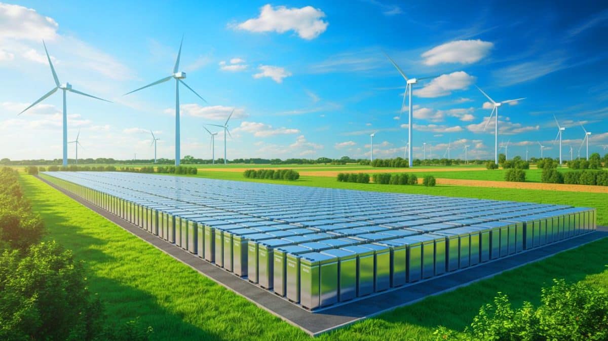 “Free Energy Is Going Nowhere” Experts Slam EU for Letting Surplus Power Slip Away While Factories Go Silent Across a Flatlining Industrial Sector Illustration of a large lithium battery storage park in Vilvoorde, Belgium, highlighting Europe's energy storage solutions.