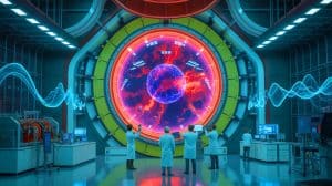 Illustration of scientists at the Wendelstein 7-X facility achieving a breakthrough in generating high-energy helium-3 ions, created by artificial intelligence.