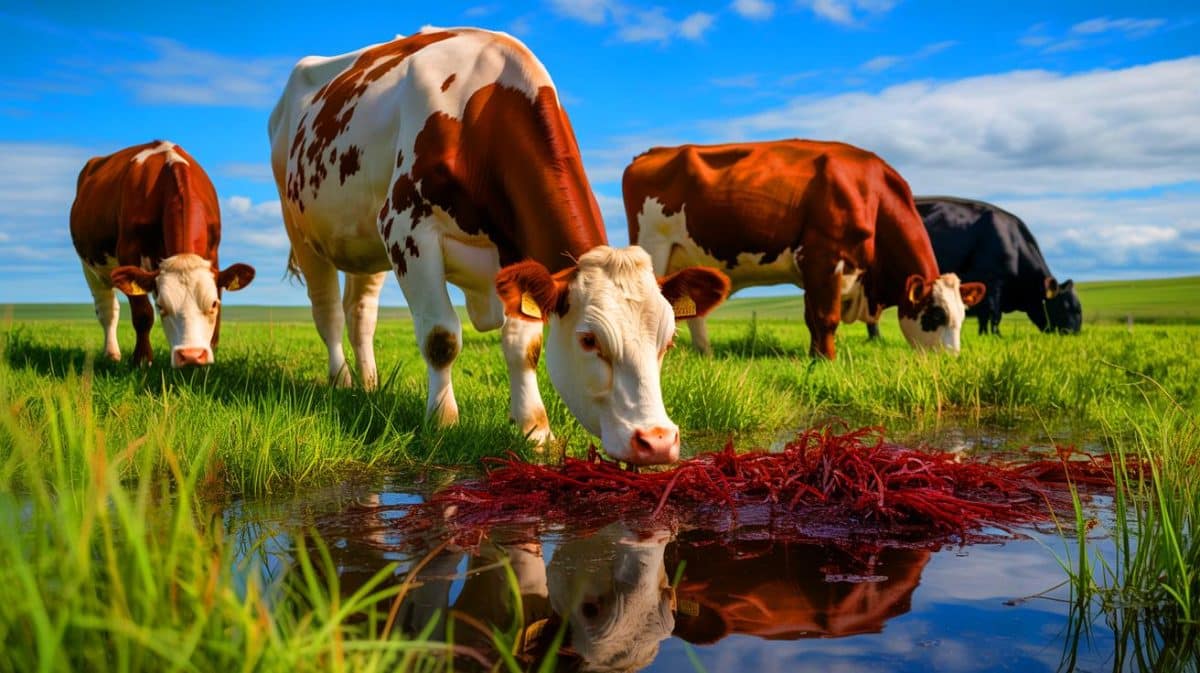 “Game-Changer for Our Planet”: This Innovative Seaweed Supplement by CH4 Global Radically Cuts Cattle Emissions and Transforms Agriculture Illustration of cattle grazing with a focus on methane-reducing seaweed feed supplement, generated by artificial intelligence.