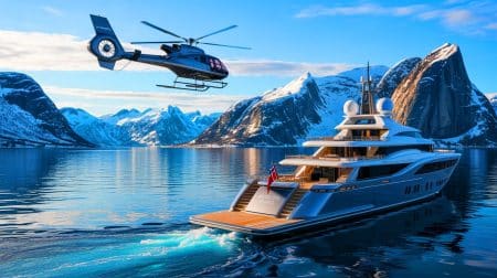 Illustration of Mark Zuckerberg's luxurious expedition to Norway's fjords aboard superyachts and heliskiing, generated by artificial intelligence.