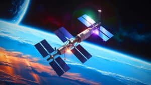 Illustration of DARPA's "Rads to Watts" program concept for compact nuclear power systems in space, created by artificial intelligence.