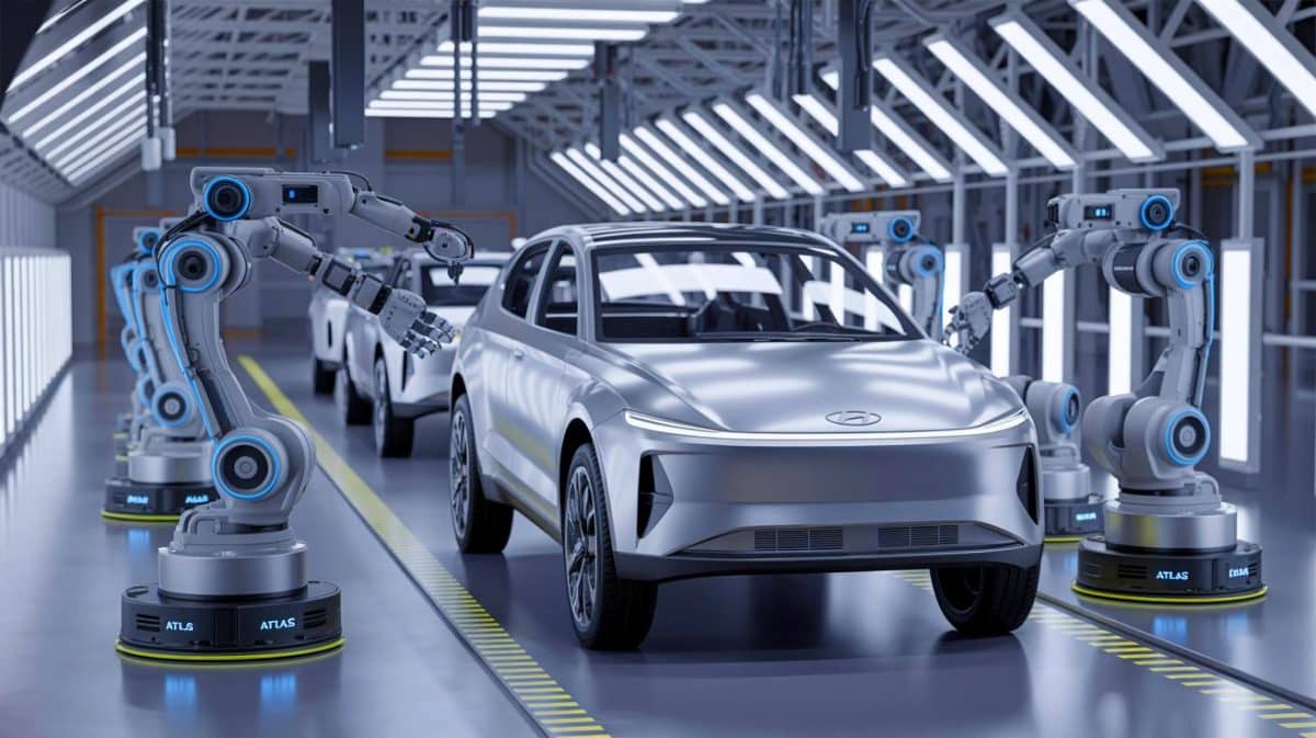 Hyundai’s Shocking $21 Billion Gamble: “Robots Will Replace Humans” in US Car Factories – Is This the End of American Jobs or a Technological Revolution? Illustration of Hyundai's Metaplant America facility featuring Atlas humanoid robots in the vehicle assembly line, generated by artificial intelligence.