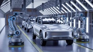 Illustration of Hyundai's Metaplant America facility featuring Atlas humanoid robots in the vehicle assembly line, generated by artificial intelligence.