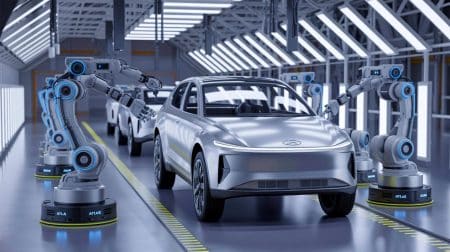 Illustration of Hyundai's Metaplant America facility featuring Atlas humanoid robots in the vehicle assembly line, generated by artificial intelligence.