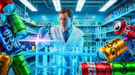 Illustration of recycled soda cans and seawater being used to produce clean hydrogen fuel.