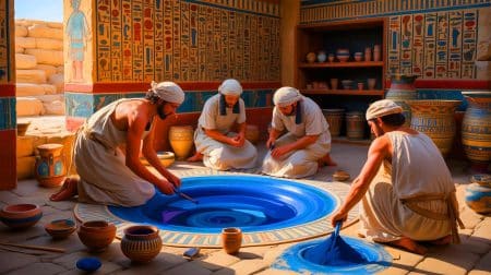 Illustration of ancient artisans crafting Egyptian Blue pigment, generated by artificial intelligence.