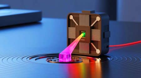Illustration of a pocket-sized 3D printer using silicon photonics technology to fabricate objects, generated by artificial intelligence.