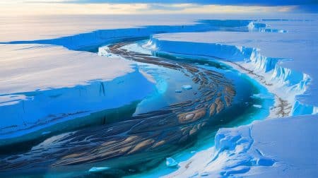 Illustration of the ancient fluvial landscape beneath Antarctica's ice sheets, highlighting its role in climate dynamics; this is an artificial illustration.