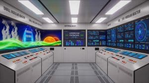 Illustration of the world's first integrated hydrogen production simulator within a Small Modular Reactor control room, generated by artificial intelligence.
