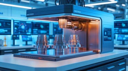 Illustration of advanced 3D printing machines producing specialized fusion reactor components, generated by artificial intelligence.