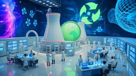 Illustration of Ontario Tech University's Brilliant Energy Institute advancing nuclear and clean energy research through global collaboration and innovation.