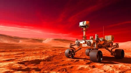 Illustration of an advanced rover exploring the methane-rich plains of Mars, created by artificial intelligence.