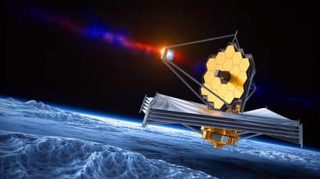 Illustration of the James Webb Space Telescope observing Trans Neptunian Objects, generated by artificial intelligence.