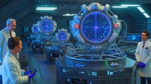 Illustration of AI-designed gravitational wave detectors revolutionizing cosmic exploration.