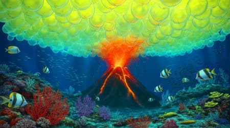 Illustration of an underwater volcano revealing thousands of giant Pacific white skate eggs, generated by artificial intelligence.