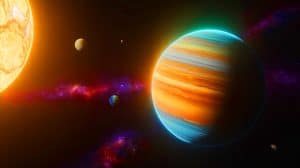 Illustration of super-Earths in distant solar systems as discovered through the microlensing technique, created by artificial intelligence.