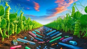 Illustration of the complex impacts of microplastics on agricultural ecosystems, generated by artificial intelligence.
