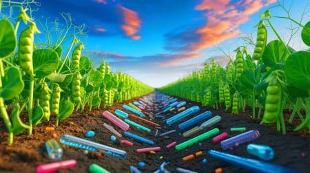Illustration of the complex impacts of microplastics on agricultural ecosystems, generated by artificial intelligence.