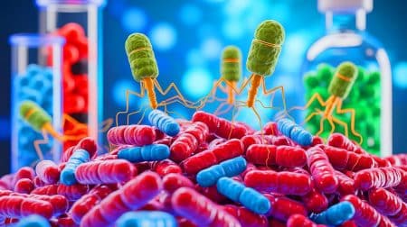 Illustration of phage therapy combating antimicrobial resistance, an artificial illustration.