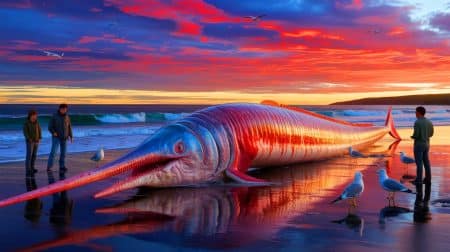 Illustration of giant oarfish washed ashore on the coasts of Tasmania and New Zealand, generated by artificial intelligence.