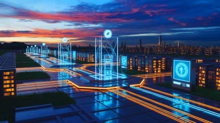 Illustration of artificial intelligence optimizing energy consumption in a futuristic smart grid, generated by artificial intelligence.