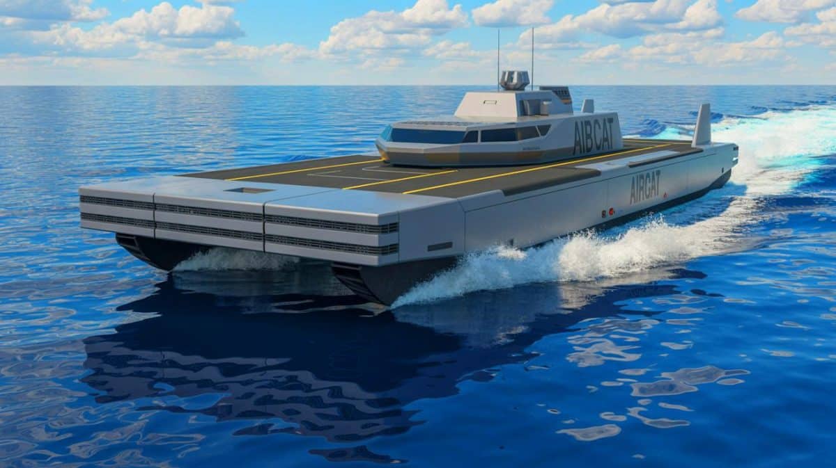 “They Built a Floating Fortress”: US Unveils World’s Most Advanced Warship With 44-Ton Payload and Rivals Say “We Can’t Match This” Illustration of the AIRCAT Bengal MC, an advanced autonomous naval vessel developed by Eureka Naval Craft, generated by artificial intelligence.