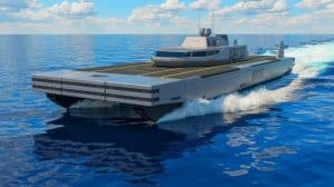 Illustration of the AIRCAT Bengal MC, an advanced autonomous naval vessel developed by Eureka Naval Craft, generated by artificial intelligence.