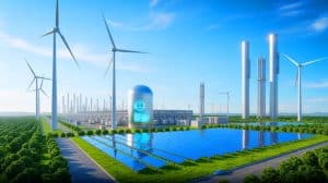 Illustration of the world's largest green ammonia plant in China, highlighting renewable energy production, generated by artificial intelligence.