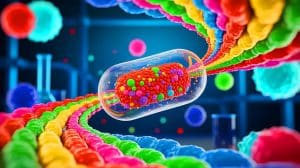 Illustration of the simplest artificial cell navigating its environment using chemical cues, generated by artificial intelligence.