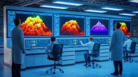 Illustration of the Summit supercomputer modeling molten salt behavior, generated by artificial intelligence.