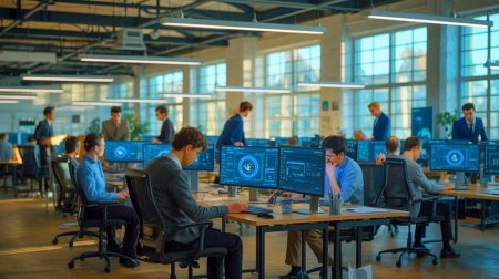 Illustration of employees experiencing isolation and burnout due to AI integration in the workplace.
