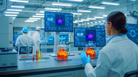 Illustration of artificial intelligence predicting outcomes in nuclear molten salt chemistry research.