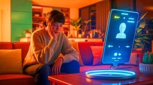 Illustration of a person emotionally interacting with an artificial intelligence on a digital device.