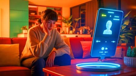 Illustration of a person emotionally interacting with an artificial intelligence on a digital device.