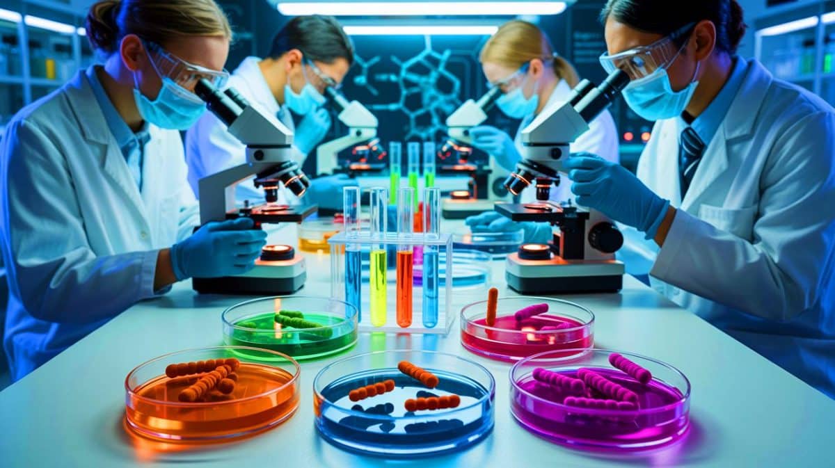 Bacteria’s Last Stand: Scientists Unveil Groundbreaking Weapon Against Drug Resistance Illustration of researchers examining bacteriophages to combat antibiotic-resistant bacteria.