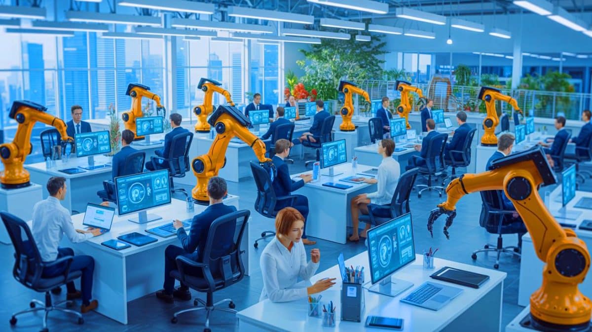 Three CEOs Reveal “We Won’t Need Employees Soon” Predicting a Massive Workforce Overhaul Ahead Illustration of artificial intelligence transforming the workforce in major corporations.