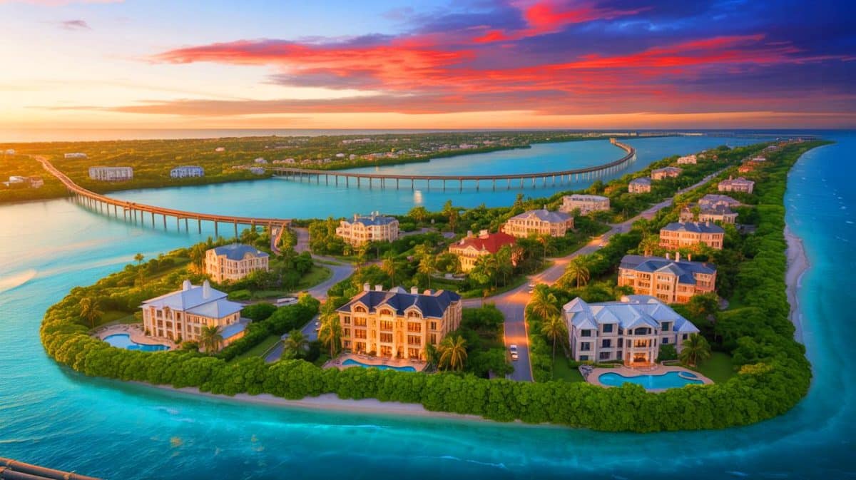 Jeff Bezos Joins “Billionaire Scheme to Dump Waste” Sending Sewage to Neighbors While Dodging Responsibility Illustration of the Indian Creek Island community facing a sewage disposal conflict with the neighboring town of Surfside.