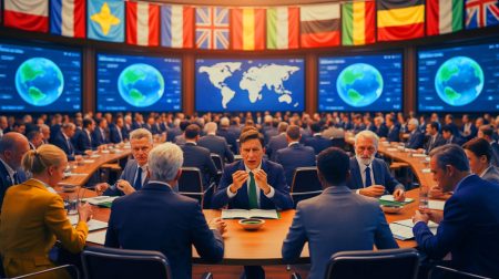 Illustration of international delegates in negotiation over a global plastics treaty.