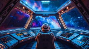 Illustration of AI piloting a spacecraft in a simulated space mission.
