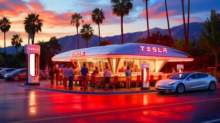 Illustration of the bustling Tesla Diner blending 1950s nostalgia with futuristic design in Los Angeles.