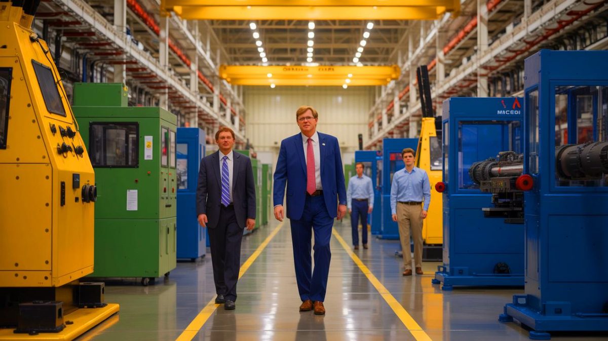 “Firestorm of Innovation Sweeps Across America” as Tech Giants Battle for Future at New Manufacturing Hub Illustration of Governor Tate Reeves touring the GA-EMS Manufacturing Center of Excellence in Mississippi.