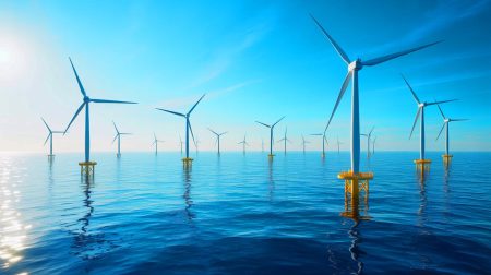 Illustration of floating offshore wind farms as part of France's €11 billion renewable energy investment.