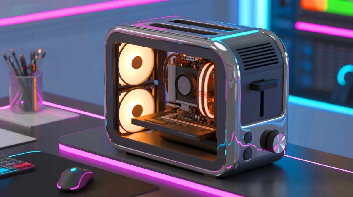From Gamer to Innovator: This Player’s “PC-to-Toaster Conversion” Ignites Debate Over the Future of Gaming Technology in the US Illustration of a fully functional PC built inside a real toaster, showcasing a unique blend of humor and technology.