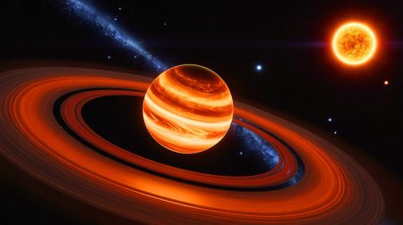 Illustration of a young gas giant planet, WISPIT 2b, embedded within a multi-ringed dust disk.