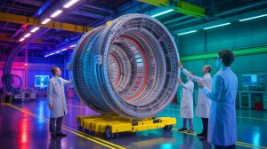 Illustration of researchers at Oak Ridge National Laboratory examining a mobile muon detector designed for nuclear and quantum advancements.