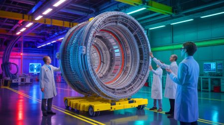 Illustration of researchers at Oak Ridge National Laboratory examining a mobile muon detector designed for nuclear and quantum advancements.